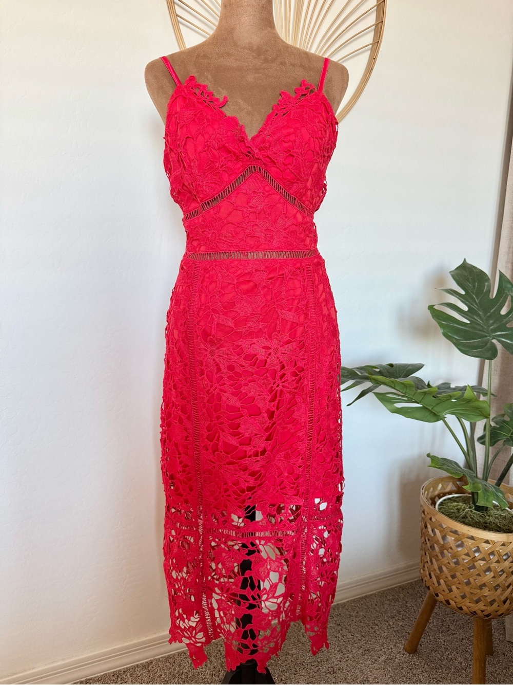 Women's Red Lace Midi Dress with Spaghetti Straps - Wedding Guest Dress - 1 Flaw